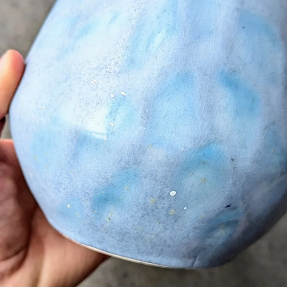 Vintage Cottagecore Shabby Chic Blue Painted Wide Mouth Ceramic Vase
